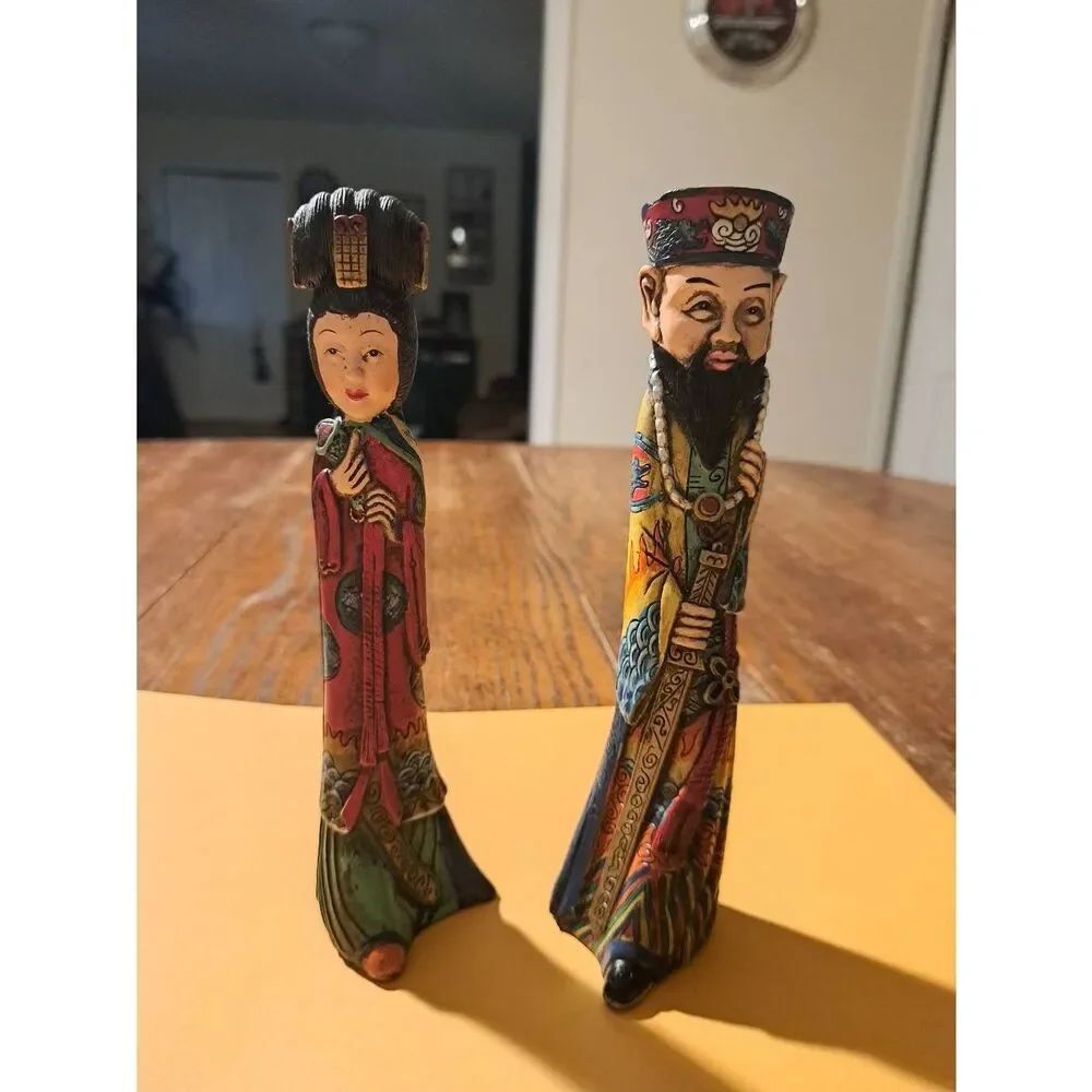 Vintage Japanese Emperor Empress Polychrome Plaster Statues Pair Asian Decor 8in